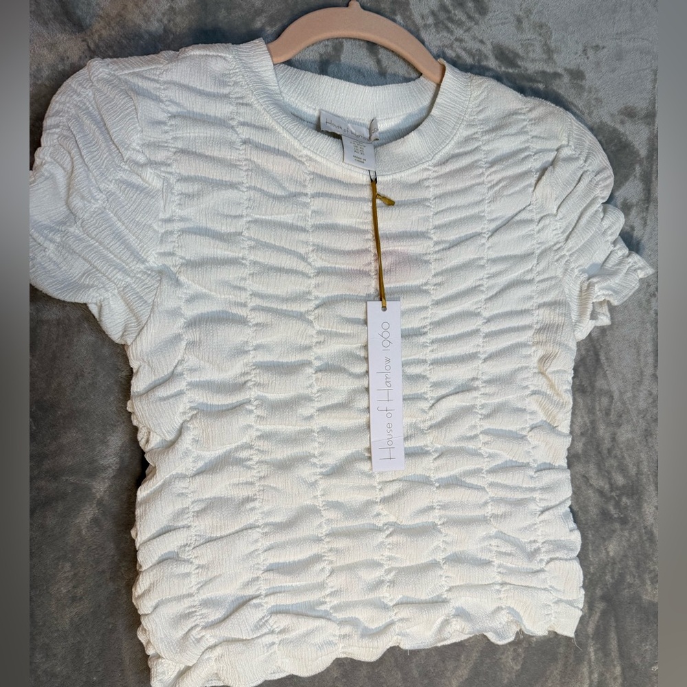 NWT House of Harlow 1960 XS White Ruched Puff Short Sleeve Blouse Festival